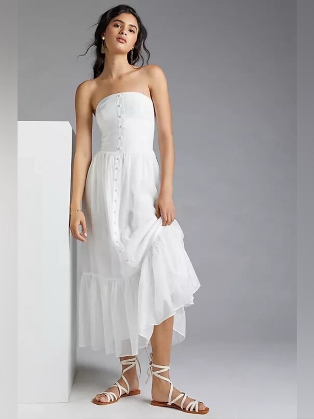 Mare Mare x Anthropologie White Strapless Button-Front Maxi Dress